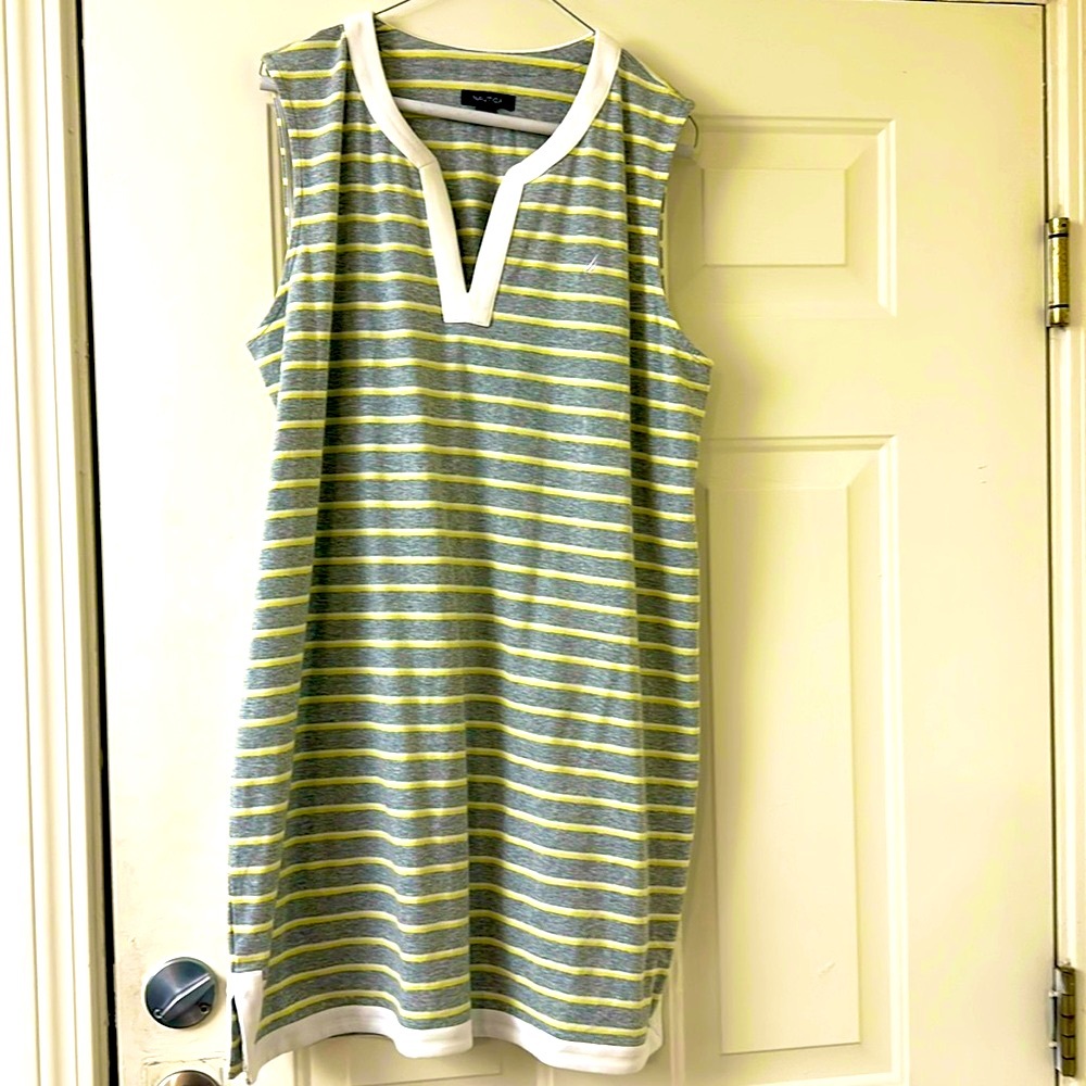 Nautical Tank Dress Cotton Yellow/Grey Stripe w/White Trim Adorable NWT